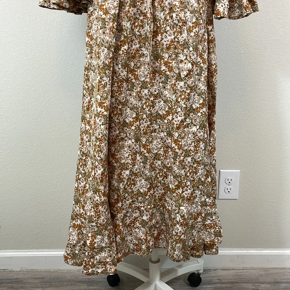 NWT Mi Golondrina brown floral wrap maxi dress with ruffle sleeves size large - Picture 6 of 13